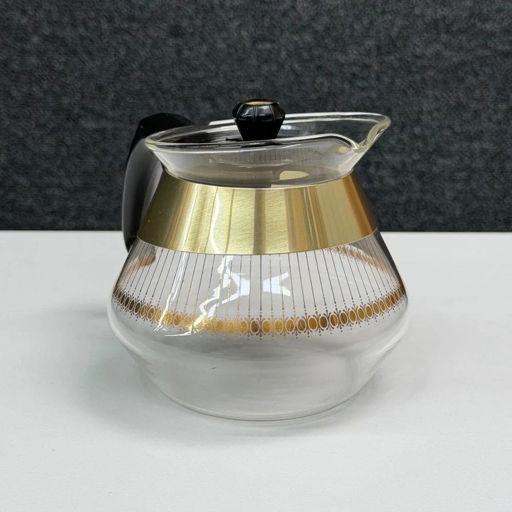 Vintage Pyrex 2 Cup Glass Carafe Gold Medallion Atomic Starburst Coffee Server